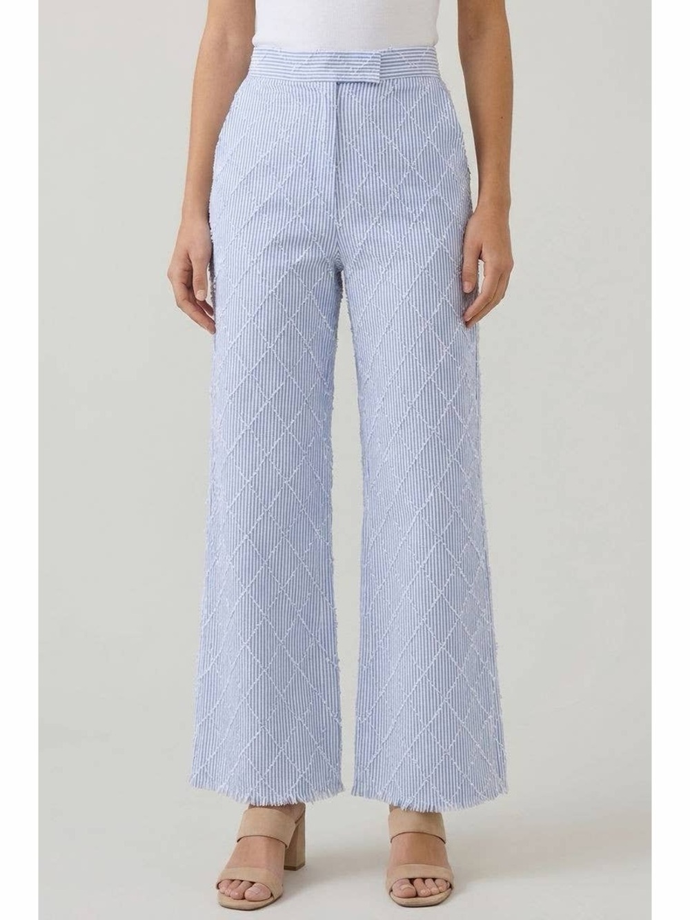 High-Rise Light Blue Textured Wide-Leg Trousers